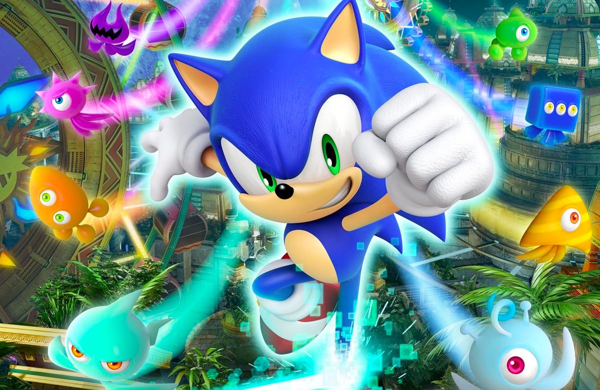 Artwork of Sonic the Hedgehog and a variety of colorful Wisps from the Sonic Colors box art