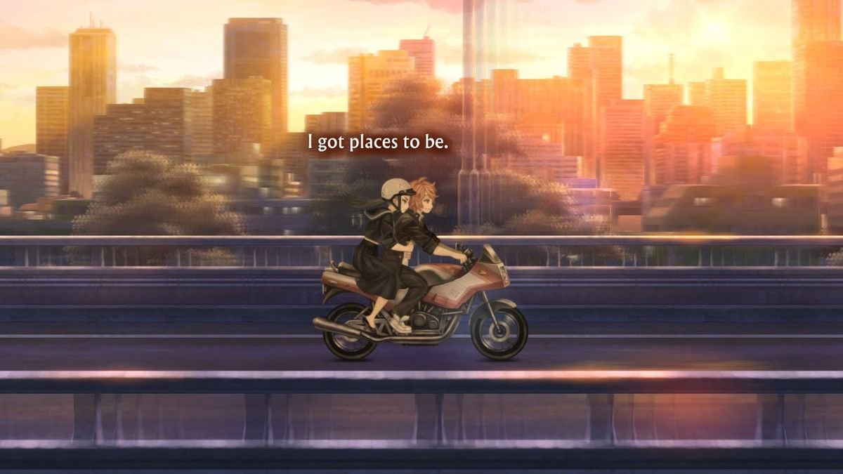 Deux amis conduisent une moto dans le Japon des années 1980 dans 13 Sentinelles : Aegis Rim on Switch