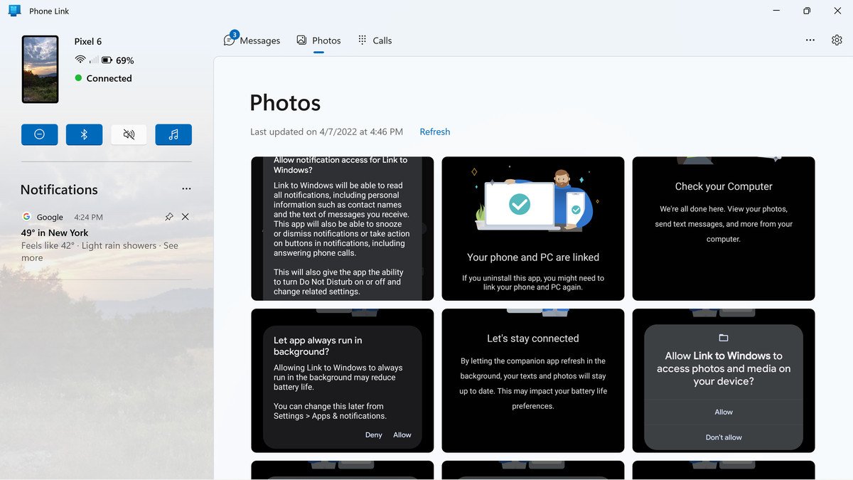 Vous pouvez afficher des messages, des photos et prendre des appels dans les fenêtres centrales, et recevoir (et répondre) des notifications dans la fenêtre latérale.