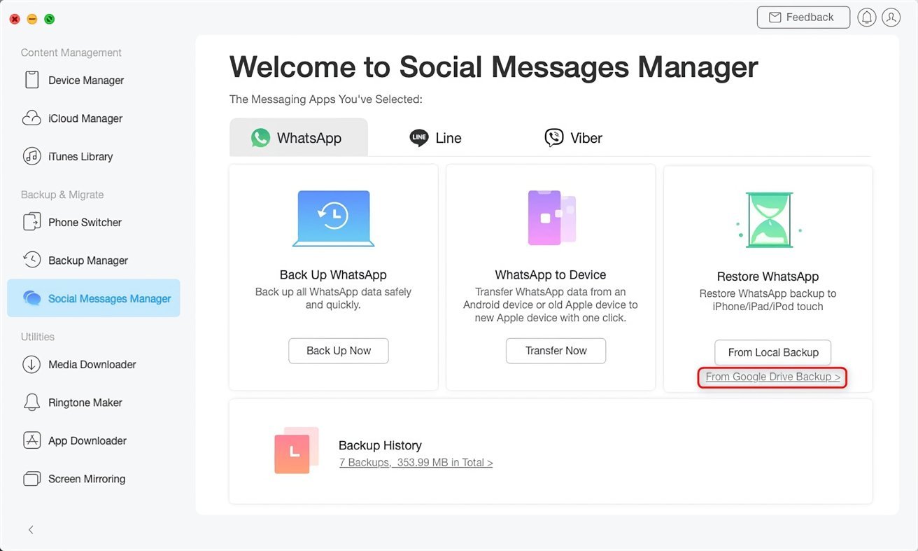 Vous pouvez utiliser Google Drive et AnyTrans pour transférer les conversations WhatsApp d'Android vers l'iPhone.