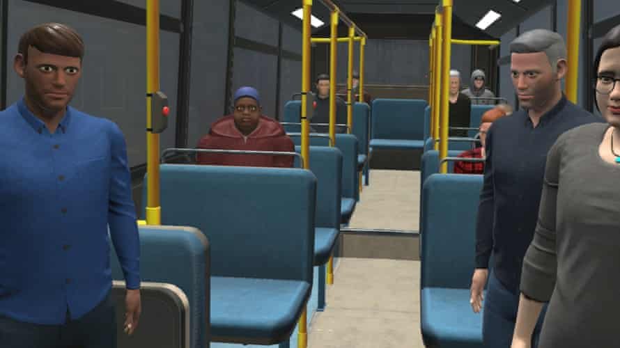 Bus virtuel avec des passagers regardant un participant.
