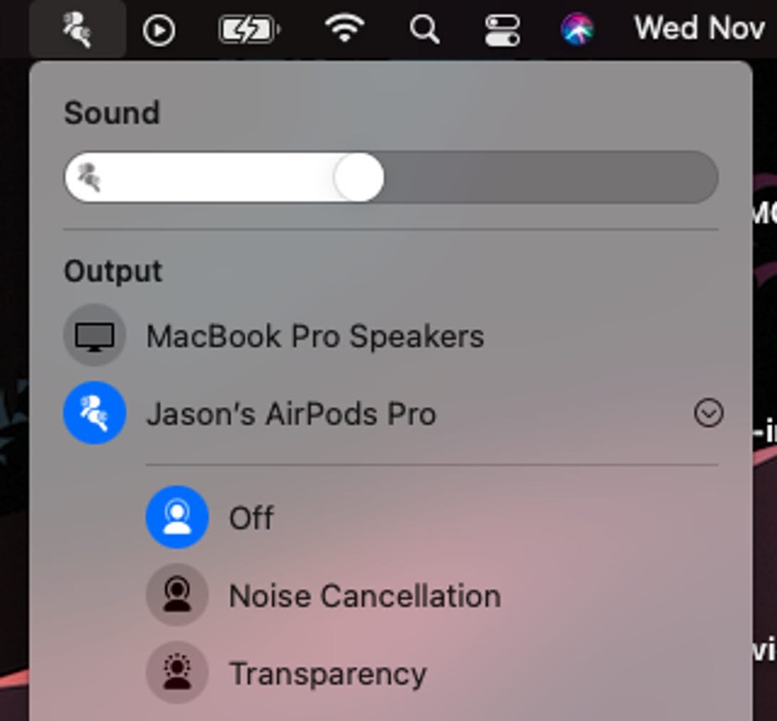 Commandes AirPods Pro sous le menu du son sur un Mac