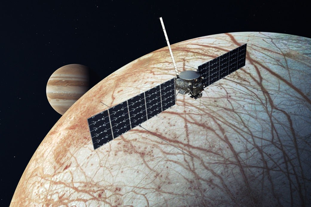 An illustration of NASAs Europa Clipper mission encountering its namesake target, an icy, ocean-bearing moon of Jupiter.