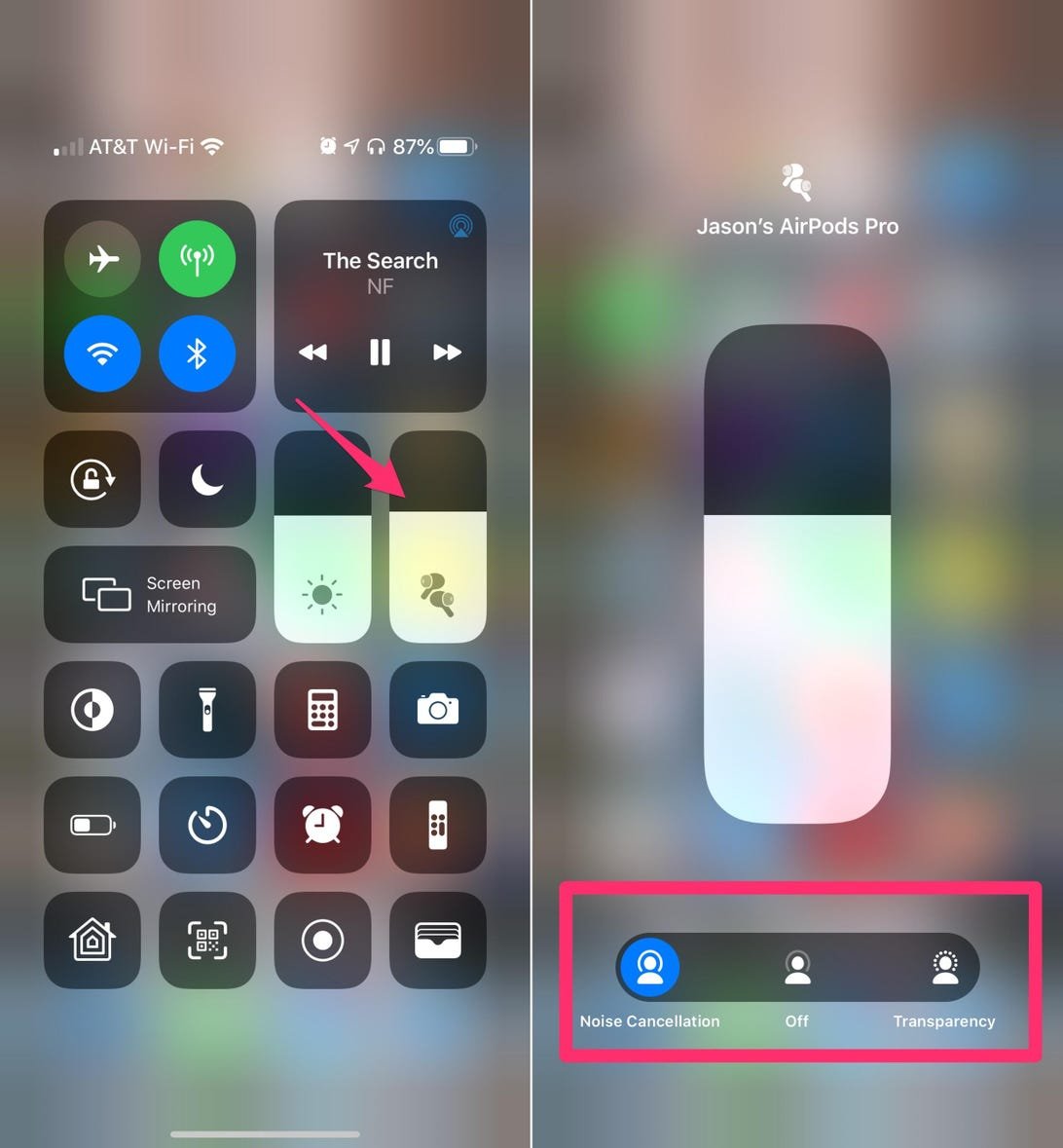 10 astuces AirPods Pro dont vous devriez profiter chaque jour 2 Contrôles du centre de contrôle sur l'iPhone avec le bouton de volume en surbrillance affichant les paramètres AirPods Pro