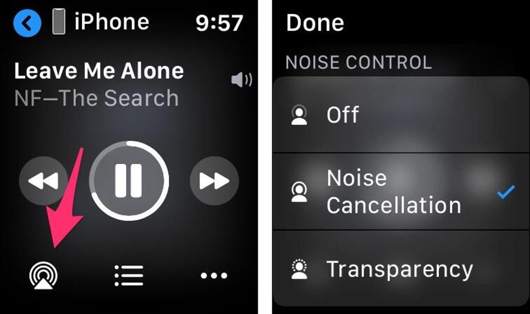 Fenêtre de lecture audio sur une Apple Watch avec le bouton des modes de suppression du bruit dans le coin inférieur gauche