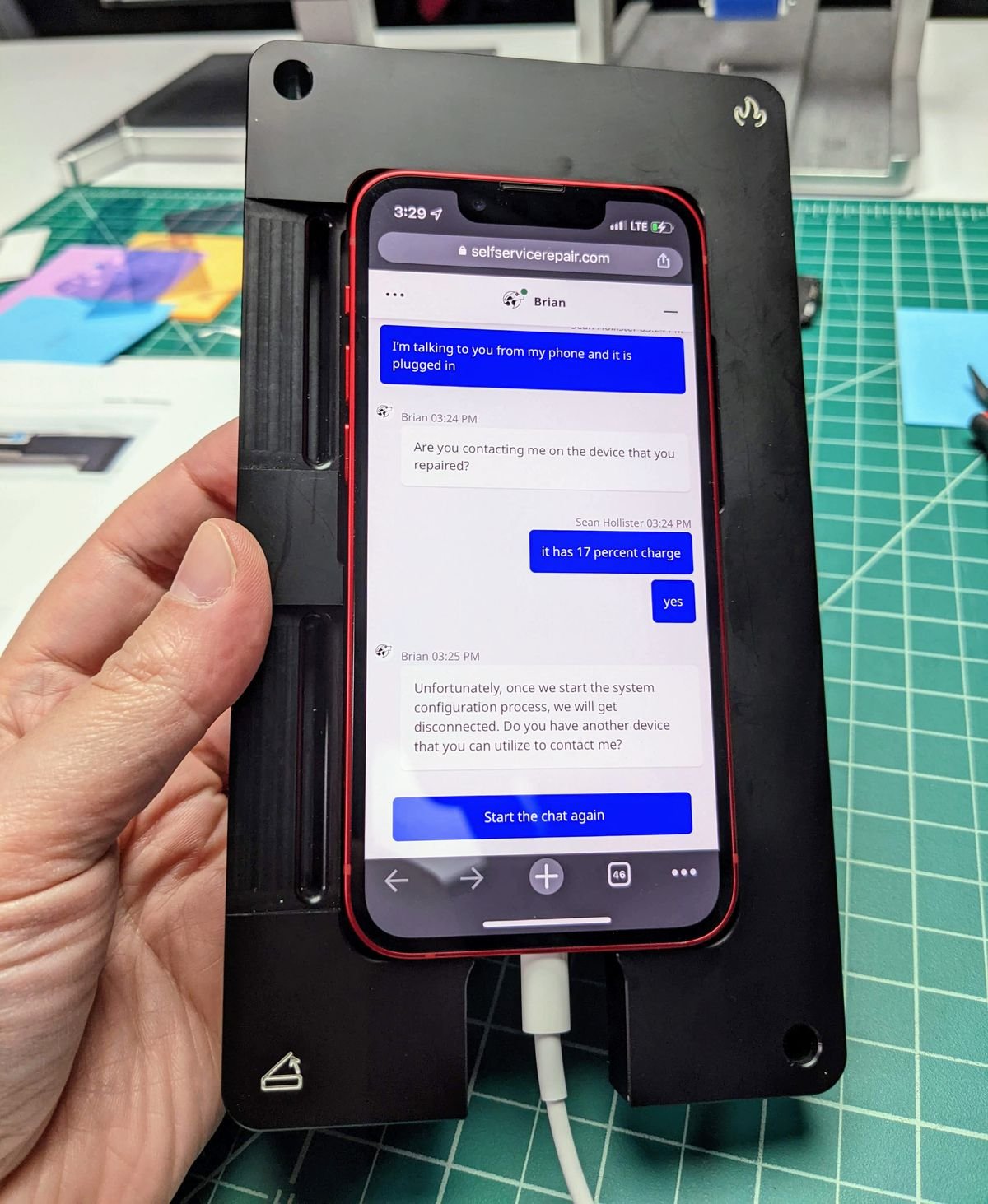 You cant get Apple to validate your repair using your repaired phone  you need a separate device, an agent explained to me in chat