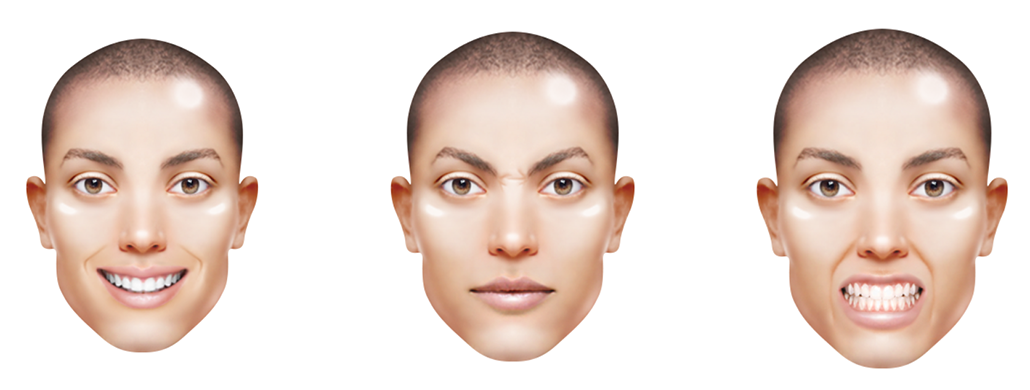 Une illustration de trois visages androgynes. De gauche à droite, sourire, froncement de sourcils, dents serrées.
