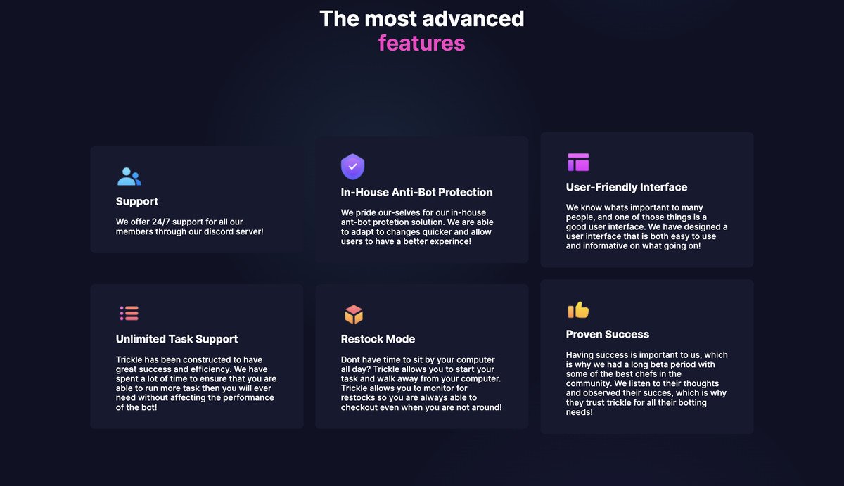 Un site Web lisant les fonctionnalités les plus avancées avec six cases en dessous décrivant ces fonctionnalités, y compris une assistance 24h/24 et 7j/7, une protection anti-bot, une interface utilisateur conviviale et un succès éprouvé.