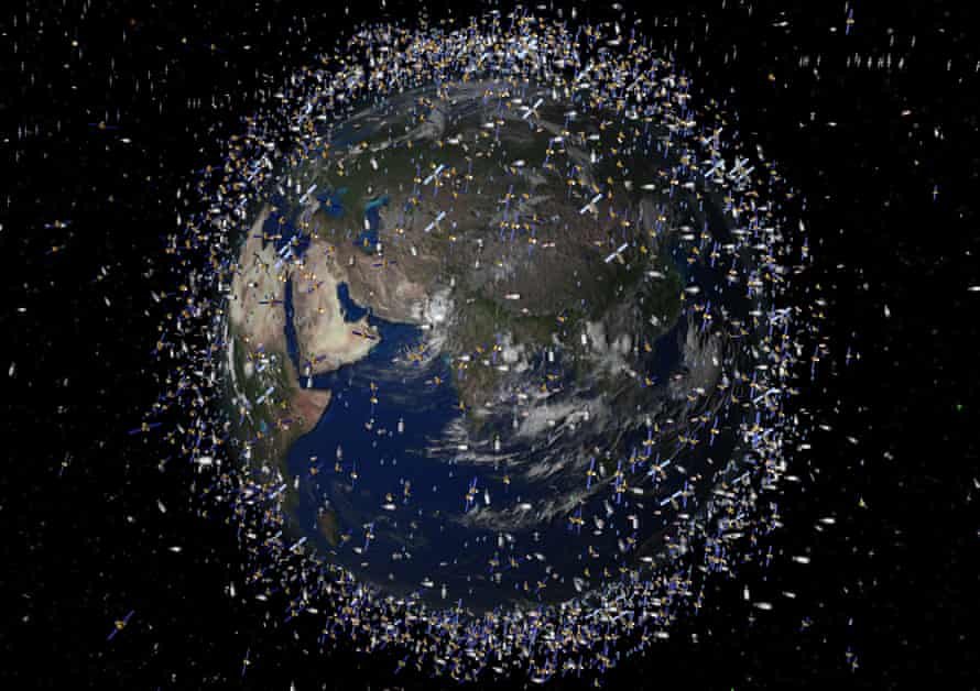 A European Space Agency artists impression of space debris in low Earth orbit (size of debris is exaggerated compared with the Earth).
