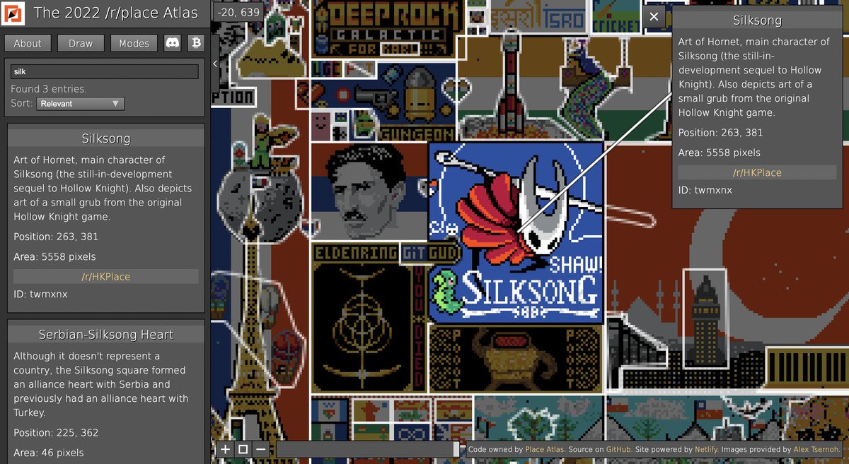 Une capture d'écran de r/place atlas, se concentrant sur le Hornet de Silksong