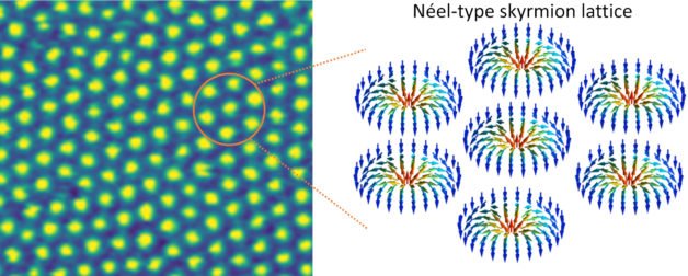 Une carte produite par des techniques de microscopie magnétique montre des modèles de spin de type vortex appelés skyrmions apparaissant dans un matériau 2D en couches minces. Les chercheurs du Berkeley Lab affirment que le matériau pourrait faire progresser des composants électroniques plus petits, plus rapides et économes en énergie tels que les dispositifs de mémoire à faible consommation d'énergie. (Crédit : laboratoire de Berkeley)
