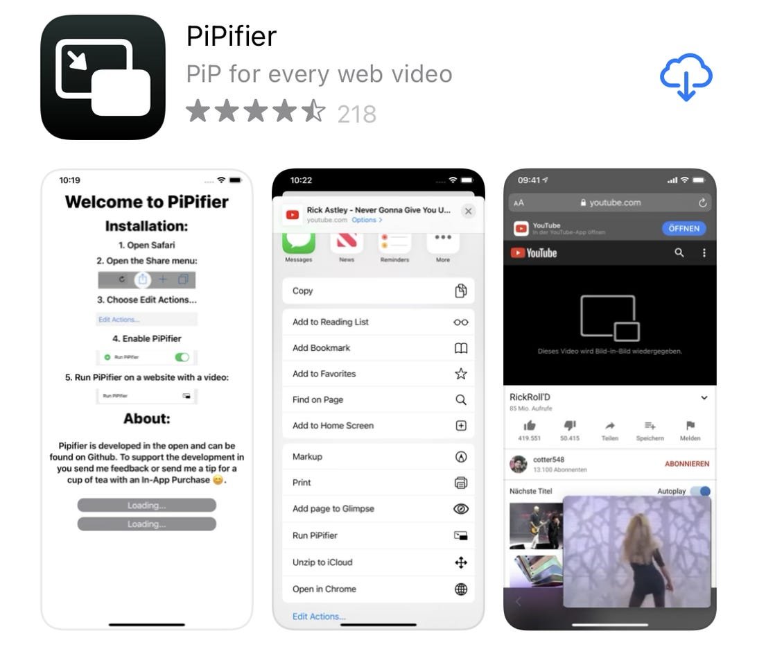 YouTube n'autorise pas le PiP sur l'iPhone. Voici comment vous pouvez le faire de toute façon. 1 La page de PiPifier dans l'App Store montrant des captures d'écran de l'application