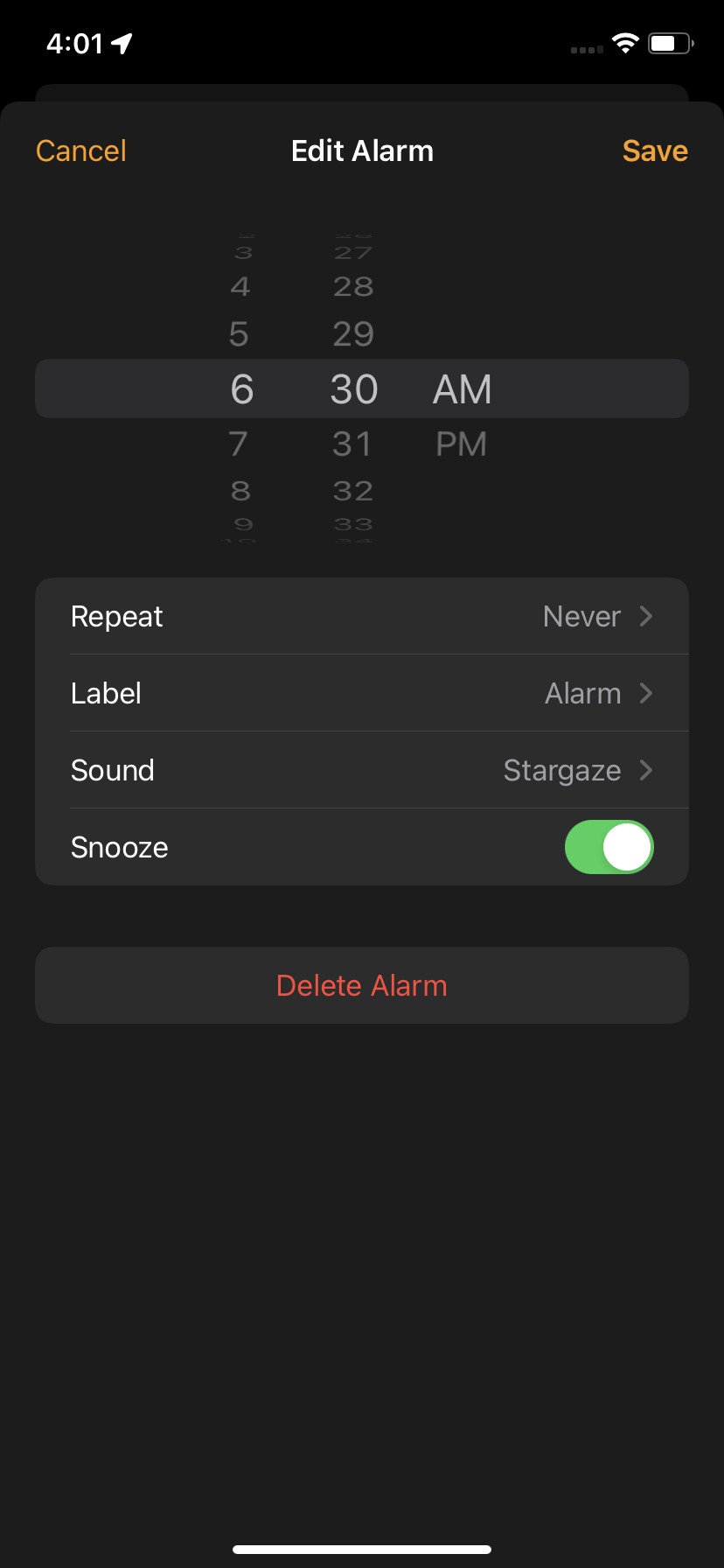 Menu Modifier l'alarme