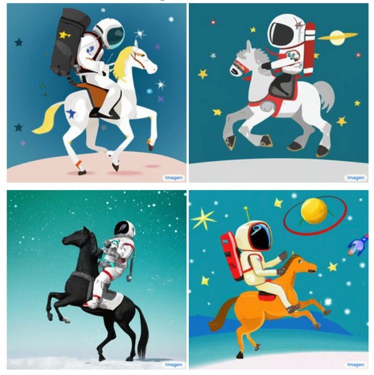 Quatre illustrations sur panneau d'un astronaute à cheval