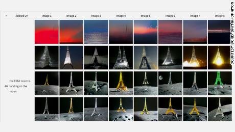 Une image montrant comment le système AI Craiyon, initialement connu sous le nom de DALL-E Mini, s'est amélioré pour générer des images au fil du temps pour l'invite "la Tour Eiffel se pose sur la lune".