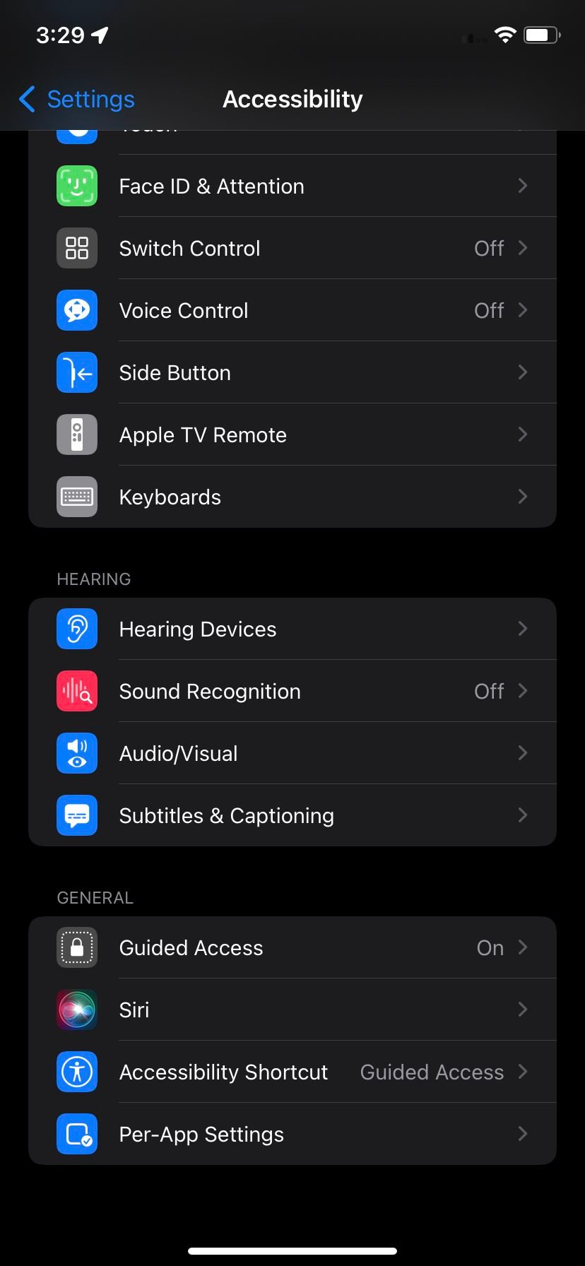 Moitié inférieure du menu d'accessibilité iOS