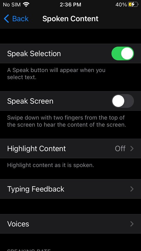 Page de contenu parlé sur iPhone