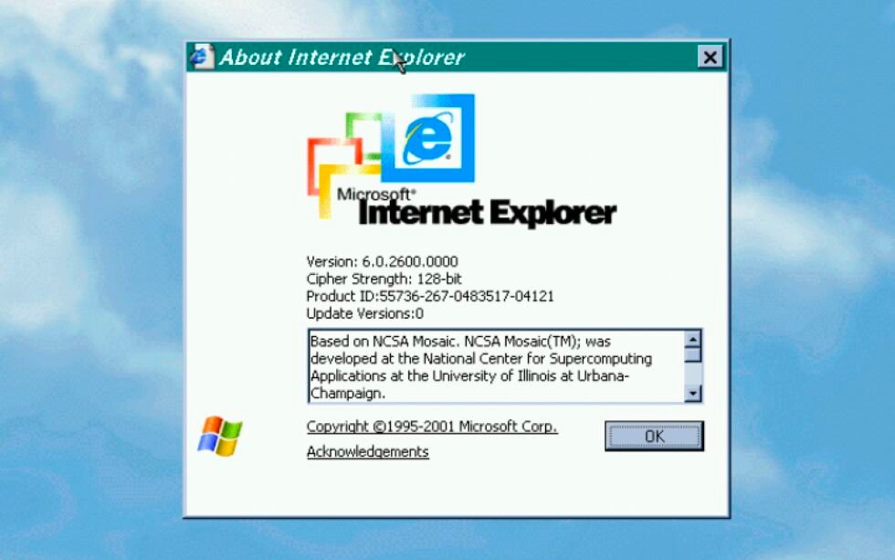 L'écran À propos d'Internet Explorer a annoncé ses racines Mosaic tout au long de la version 6.