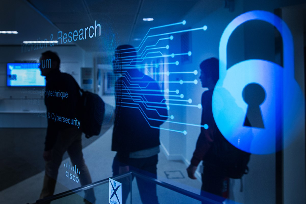 Illustration of people entering a business with a lock and circuit board superimposed over them.