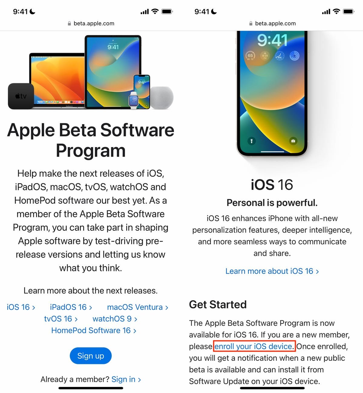 Page d'accueil du programme logiciel bêta d'Apple