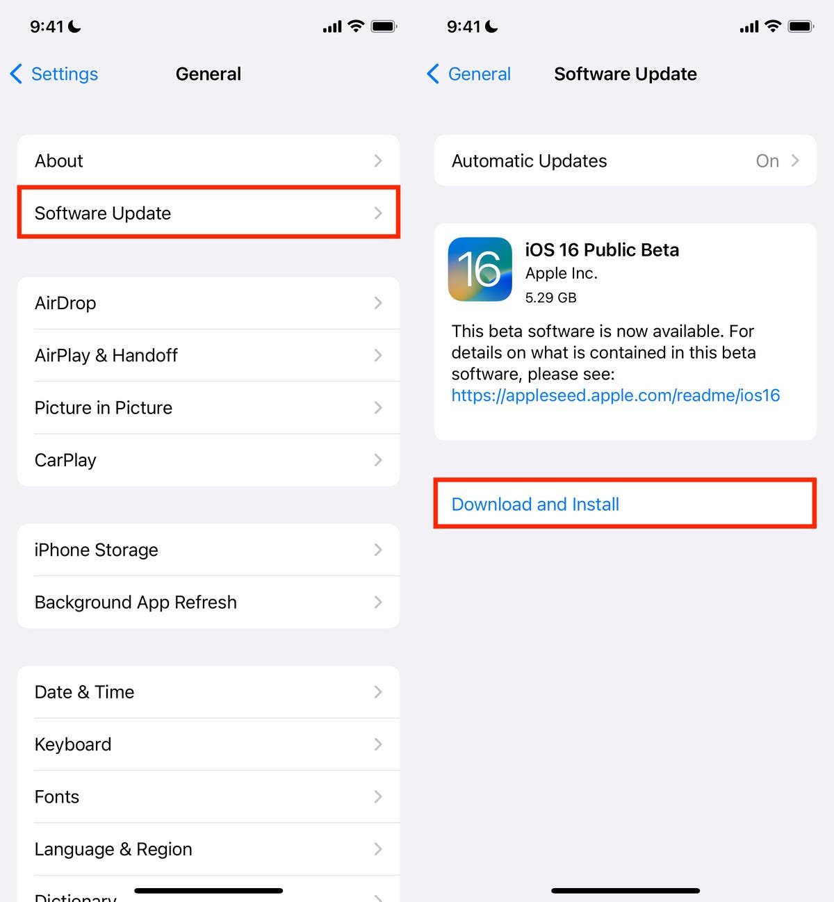 Page de téléchargement de la version bêta publique d'iOS 16