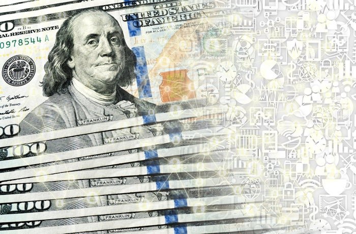 Billets de 100 $ se transformant en monnaie numérique.