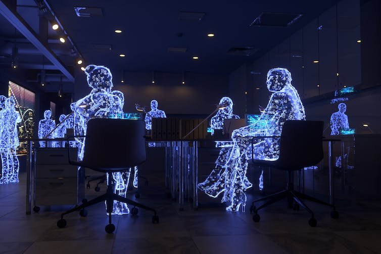 Des contours futuristes de personnes interagissent les uns avec les autres dans un bureau.