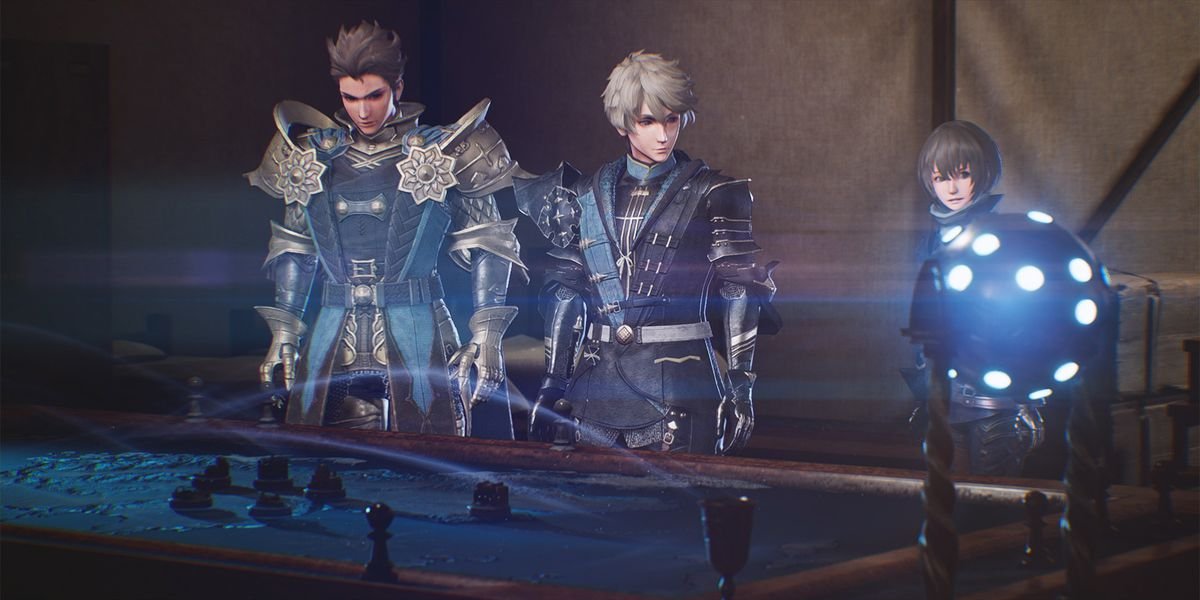 The heroes of The DioField Chronicle look over a tactical map lit by a glowing orb