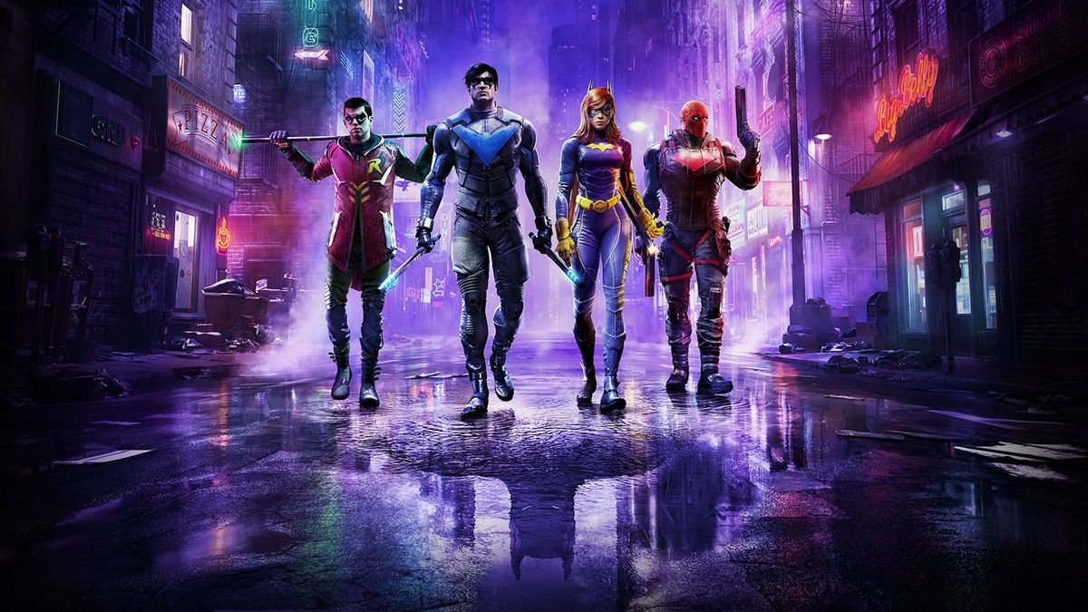 Robin, Nightwing, Batgirl, and Red Hood walk down a wet alley in artwork from Gotham Knights