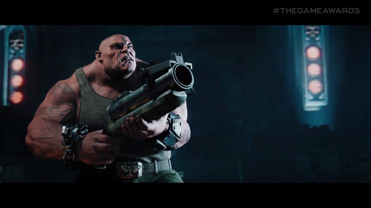 a brawny man holding a grenade launcher in Warhammer 40,000: Darktide