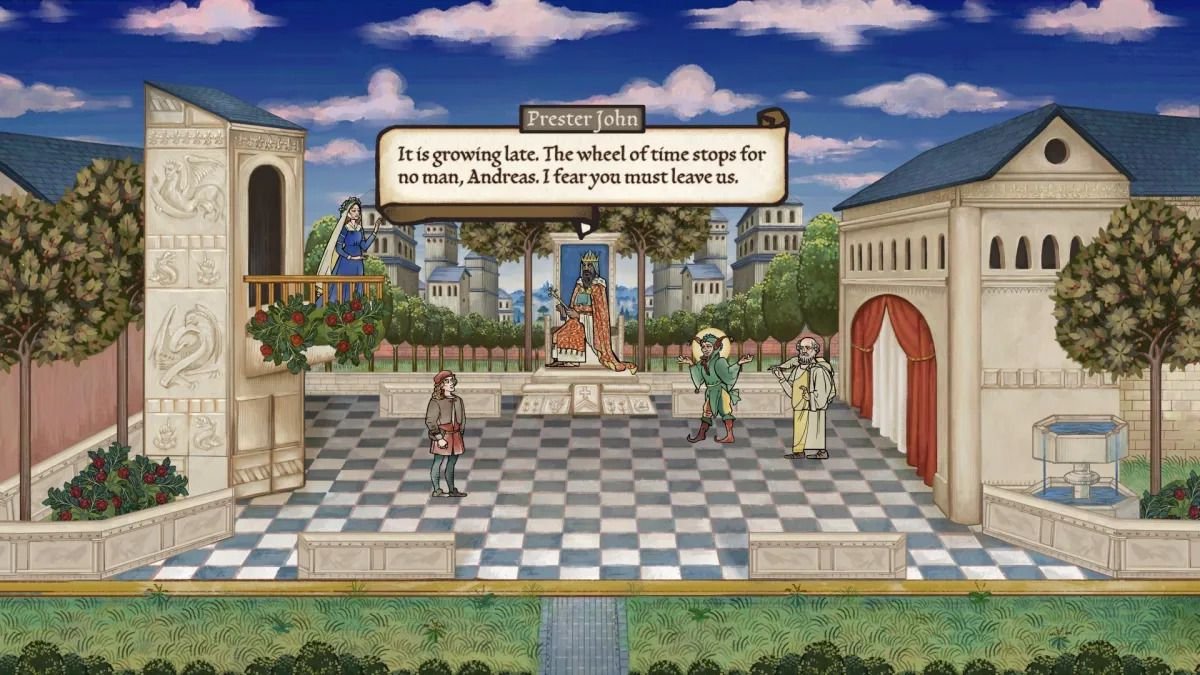 Screenshot of Andreas Maler in a courtyard from Obsidian Entertainments historical adventure-narrative RPG Pentiment.