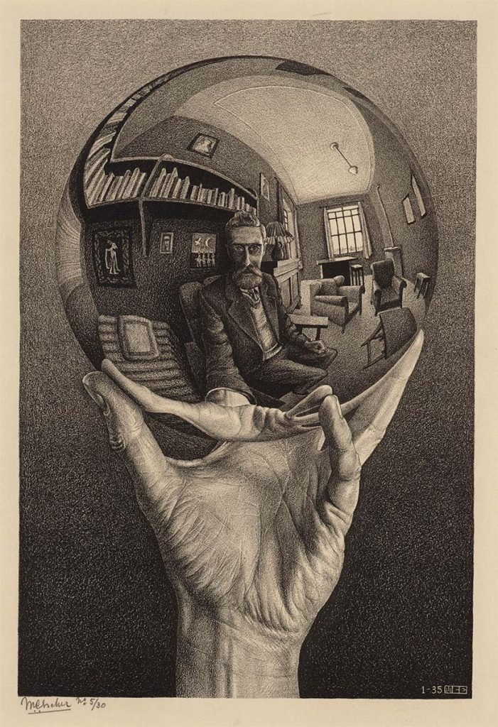MC Escher, Main avec sphère réfléchissante (1935). La société MC Escher, Pays-Bas ; avec l'aimable autorisation de Michael S. Sachs.