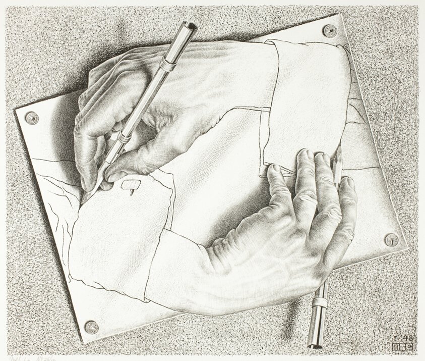 MC Escher, Dessiner les mains. La société MC Escher, Pays-Bas ; avec l'aimable autorisation de Michael S. Sachs.