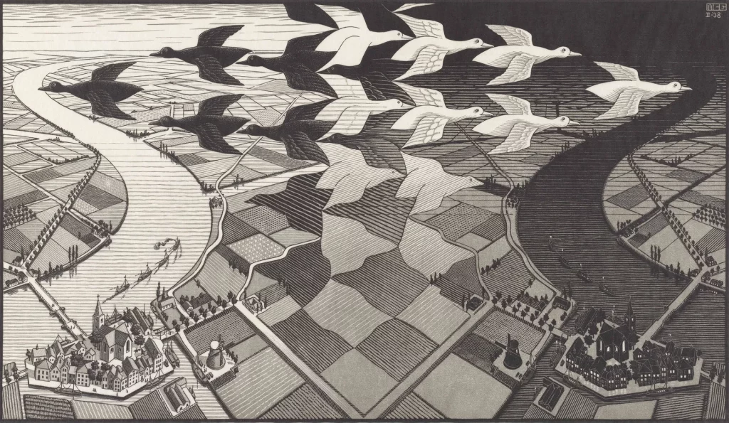 MC Escher, Jour et nuit (1938). La société MC Escher, Pays-Bas ; avec l'aimable autorisation de Michael S. Sachs.