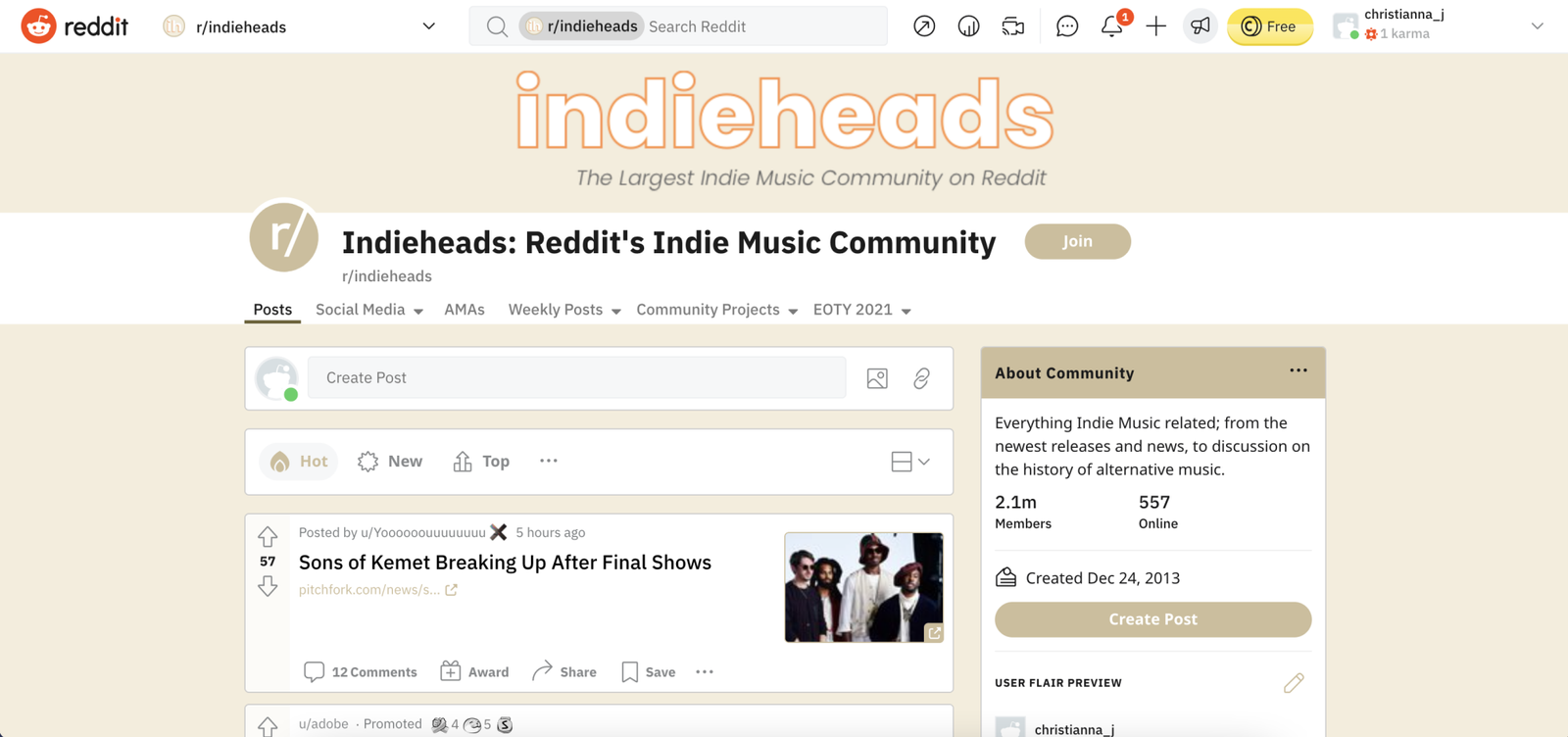Une capture d'écran du subreddit indieheads