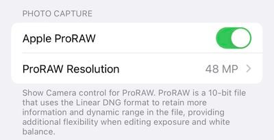 Paramètres de l'iPhone 14 Pro ProRAW