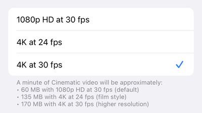 Paramètres iPhone 14 Pro Mode cinématique 4K