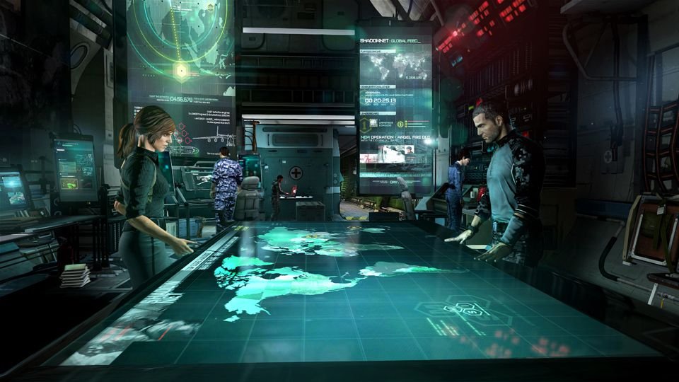 Sam Fisher se réunit à la table de planification à bord des équipes AC-130 dans Splinter Cell : Blacklist