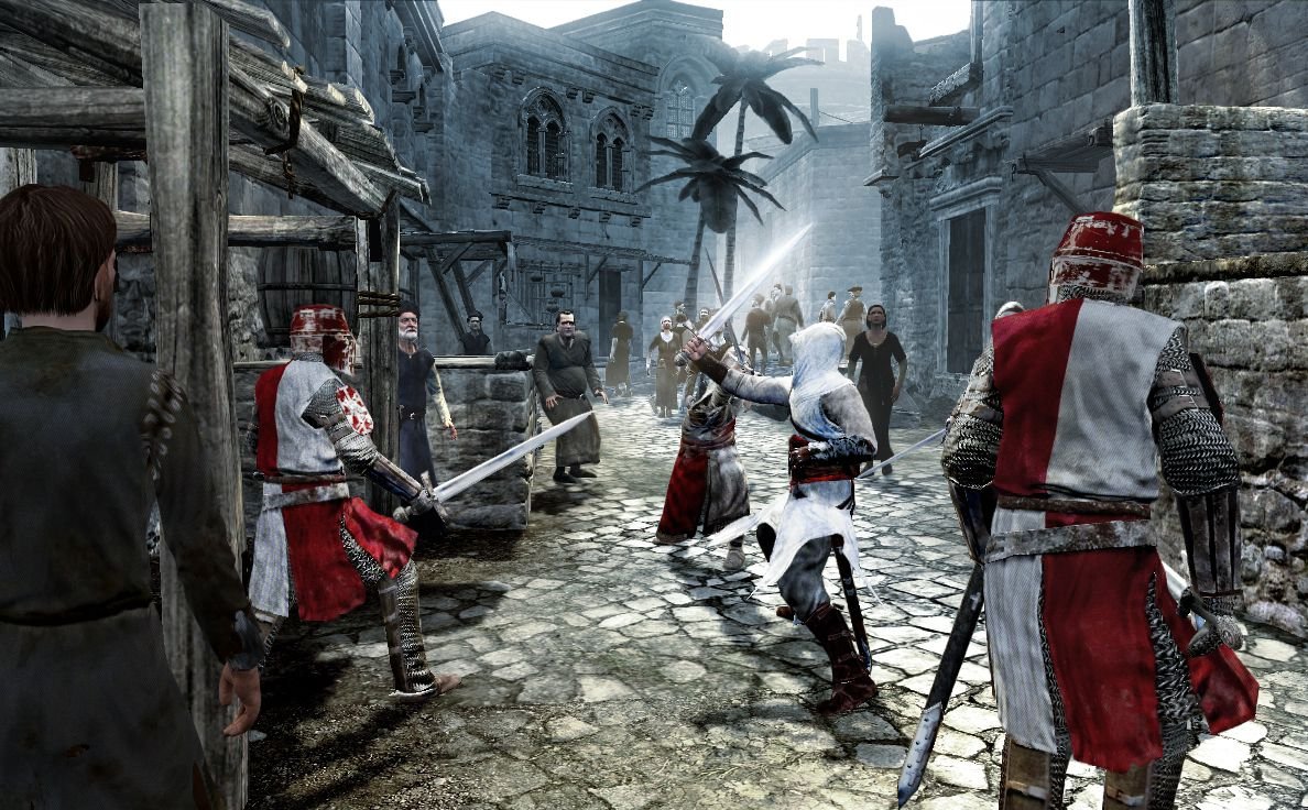 Altar Ibn-LaAhad combat plusieurs soldats ennemis dans un combat à l'épée ouvert dans Assassins Creed (2007)