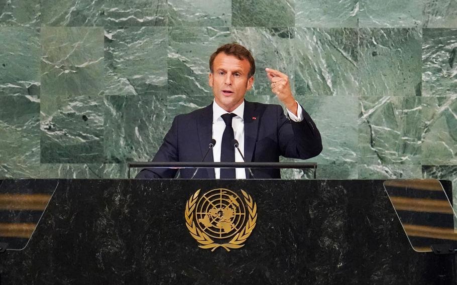 France : Aucune nation ne peut rester indifférente à la guerre en Ukraine 1 Le président français Emmanuel Macron s'adresse à la 77e session de l'Assemblée générale des Nations Unies, le mardi 20 septembre 2022 au siège de l'ONU.