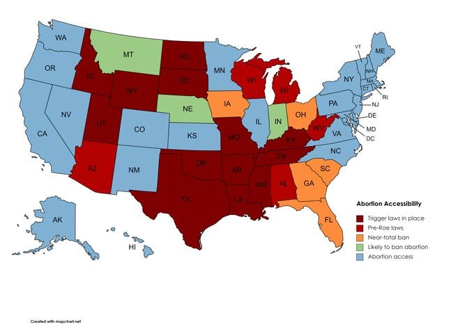 Une carte de l'accessibilité à l'avortement par État américain, en juin 2022.