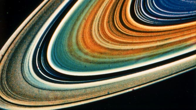 Saturne C-ring et B-ring avec de nombreuses boucles en fausse couleur. Prise par le vaisseau spatial Voyager le 23 août 1981.