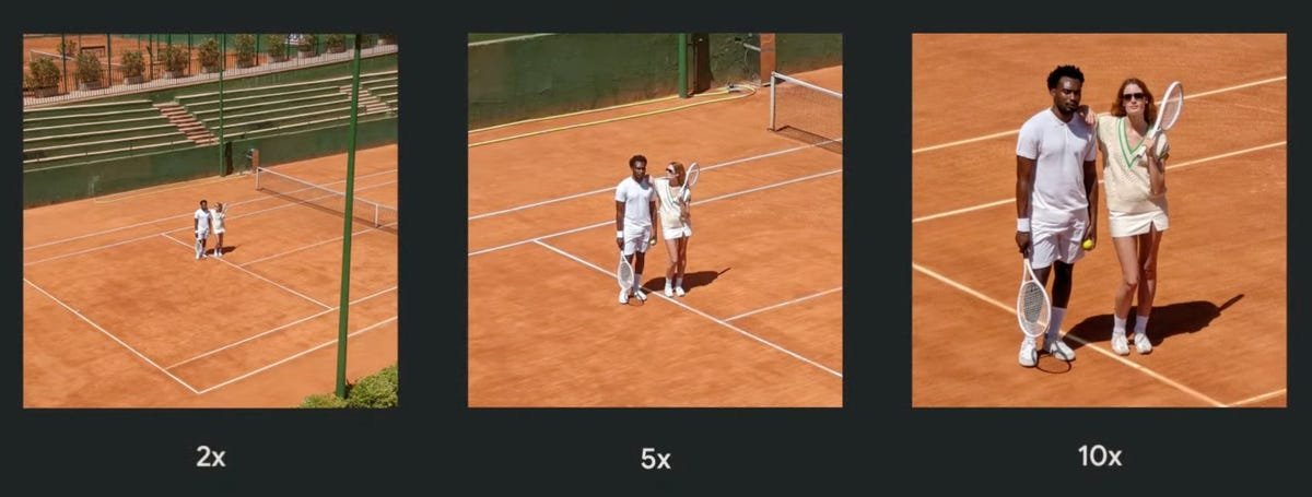 L'IA et le zoom des appareils photo Pixel 7 Pro pourraient vous faire repenser cet iPhone 2 Trois photos de joueurs de tennis éloignés montrent comment le Pixel 7 Pro de Google peut zoomer avec des facteurs de grossissement 2x, 5x et 10x.