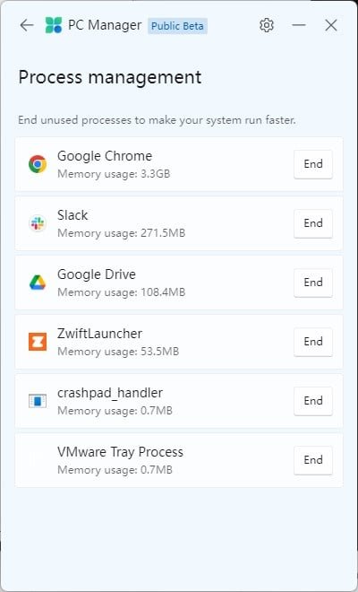 Écran de gestion des processus Microsoft PC Manager Écran de gestion des processus Microsoft PC Manager