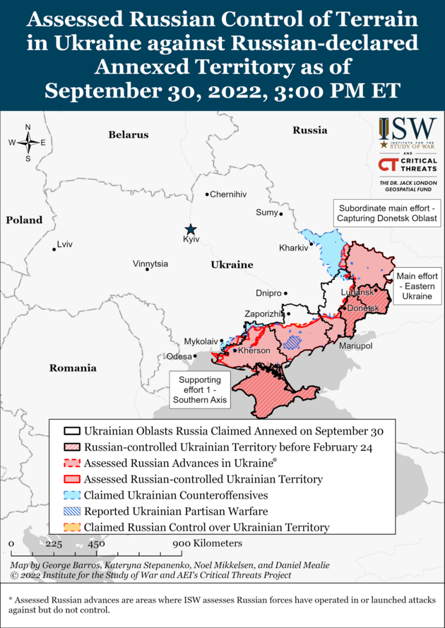 Une carte montre le contrôle russe évalué du terrain en Ukraine par rapport au territoire annexé déclaré par la Russie au 30 septembre 2022, 15 h HE. 