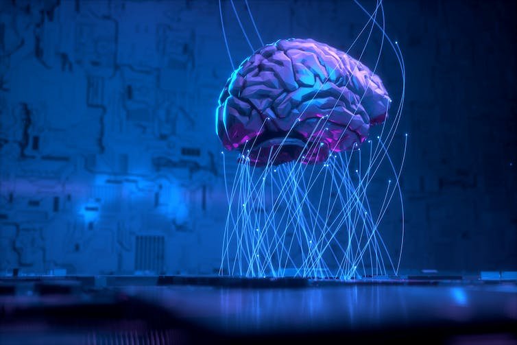 représentation d'artiste d'un cerveau humain relié à une tablette par de nombreux cordons