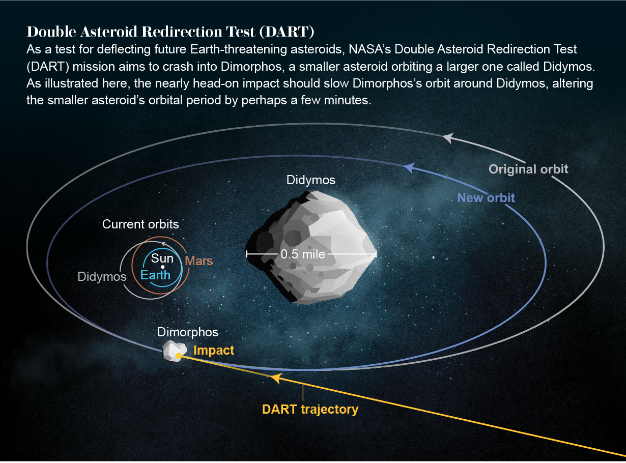 Le graphique montre comment la mission DART fonctionnera pour ralentir l'orbite de la lune Dimorphoss autour du plus grand astéroïde Didymos.