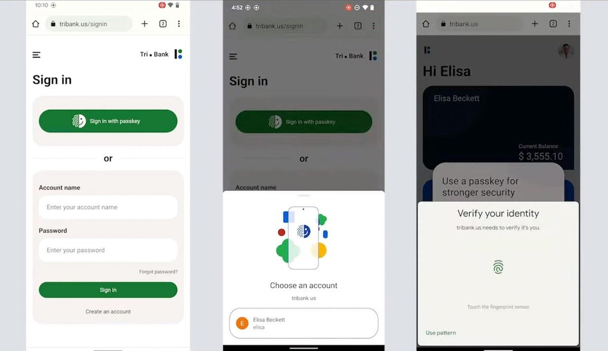 Passkeys Explained: Apple, Google et Microsoft ont enfin un moyen facile de vider les mots de passe 1 Une illustration en trois étapes du processus de connexion par clé d'authentification sur un téléphone Android