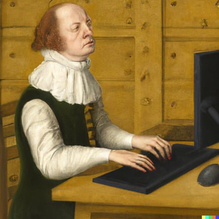 Un homme en fraise et pourpoint assis devant un ordinateur de bureau