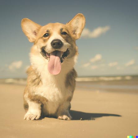 Une image floue et délavée d'un corgi sur une plage